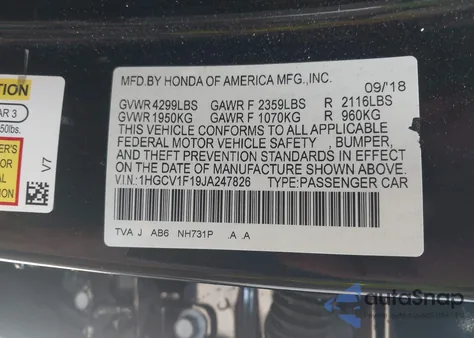 2018 Honda Accord Lx из США, поврежденный, VIN 1HGCV1F19JA247826